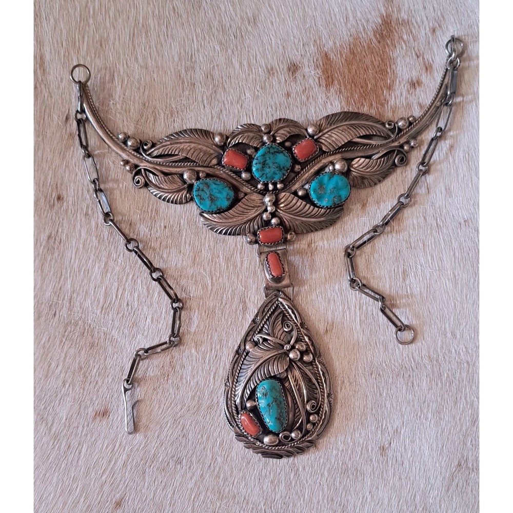 VTG Navajo Turquoise Coral Sterling Silver STATEMENT Necklace Signed "ET"